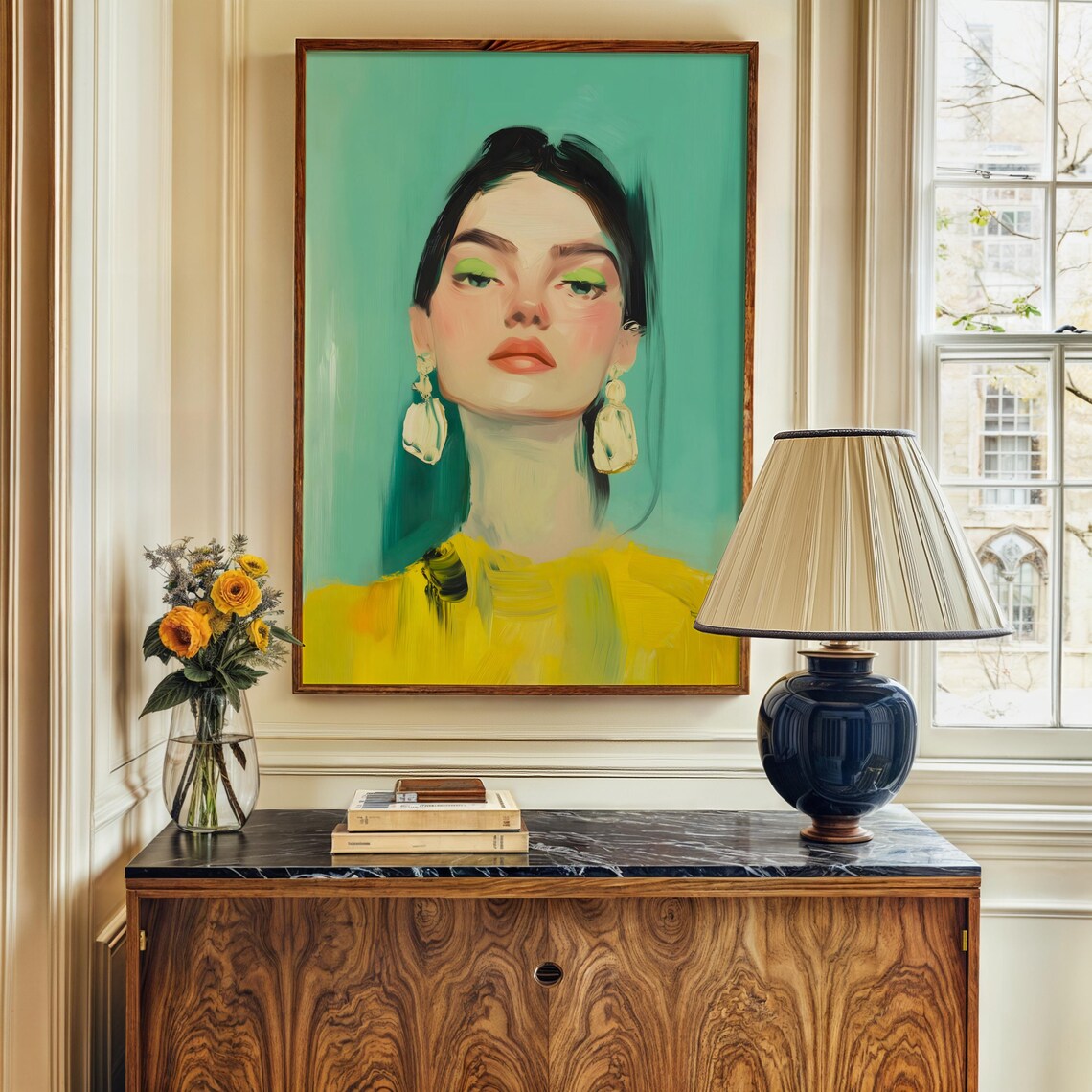 Turquoise Portrait Woman Green Eyeshadow Yellow Top Art Poster - Image 3