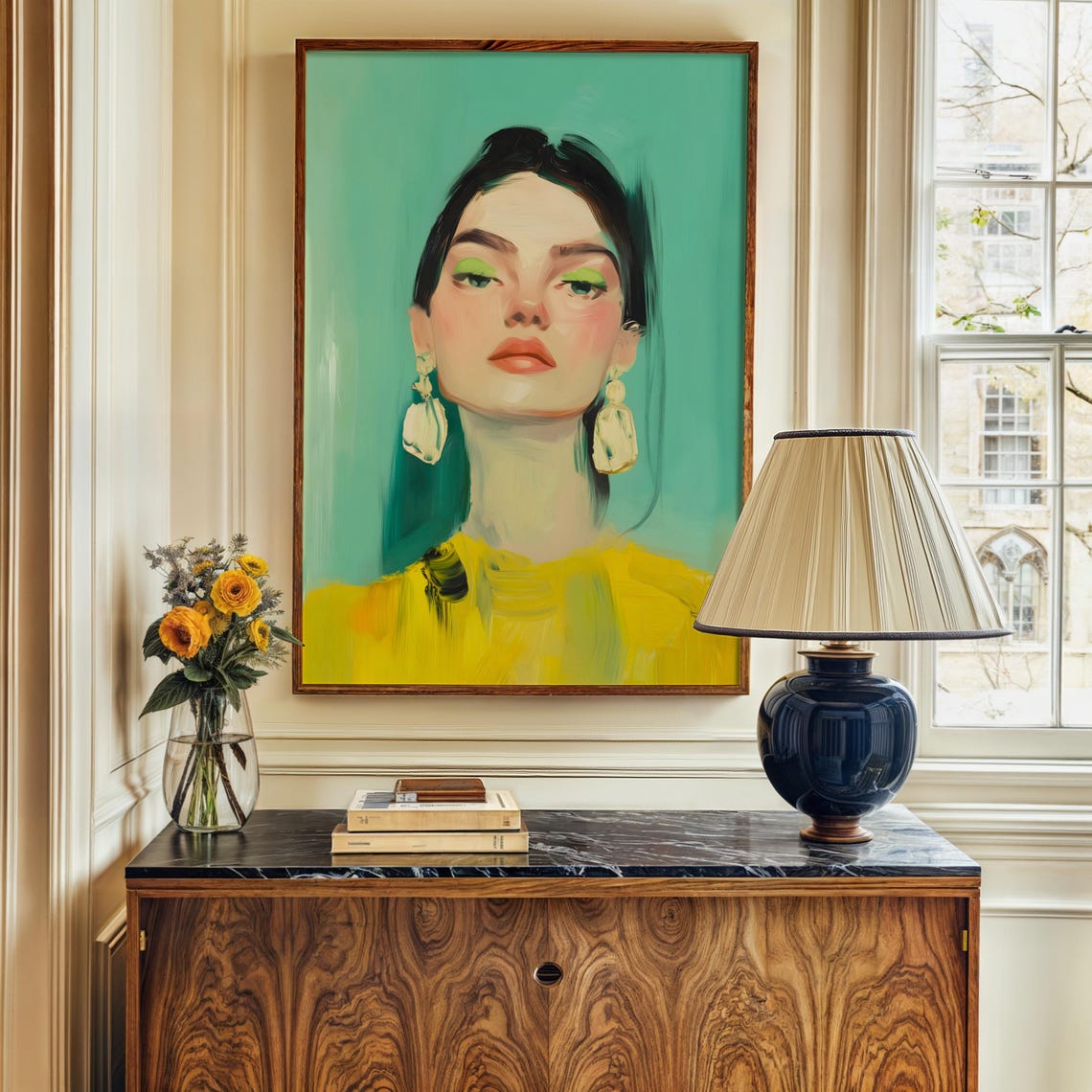 Turquoise Womans Portrait Print Female Portrait Painting Contemporary Woman Art Fashion Prints Maximalist Wall Art Eclectic Turquoise Decor - Image 3