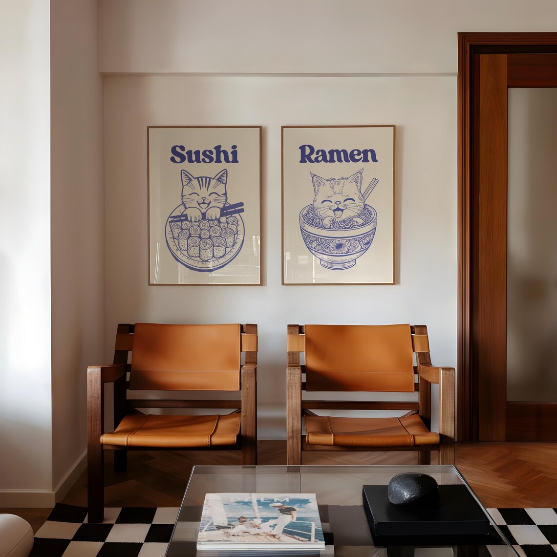 Ramen Cat Playful Blue Line Illustration Kitchen Noodle Bowl Poster - Image 3