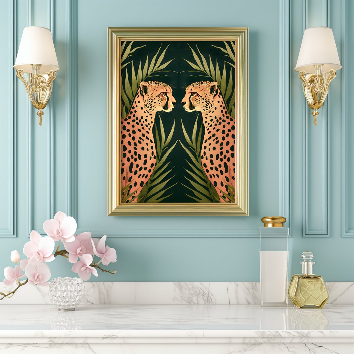 Mirrored Cheetah Pair In A Dark Jungle Art Deco Style Poster - Image 2