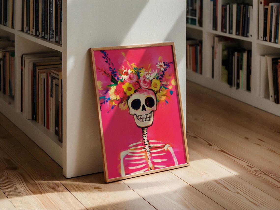 Pink Skeleton Floral Skull, Gothic Halloween Art Print - Image 2