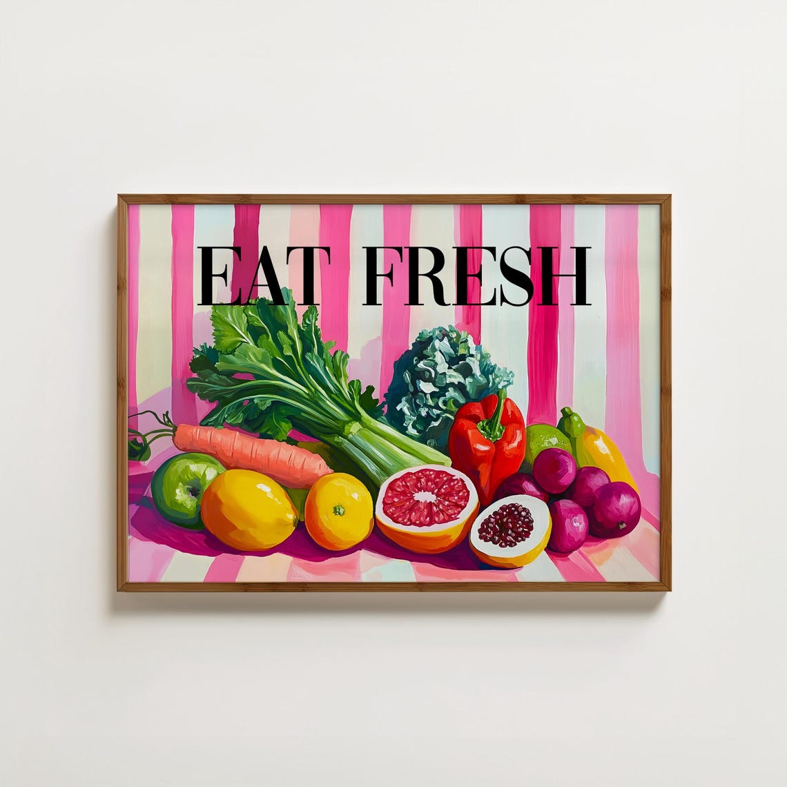 Eat Fresh Colourful Fruit and Vegetable Painting Pink Poster