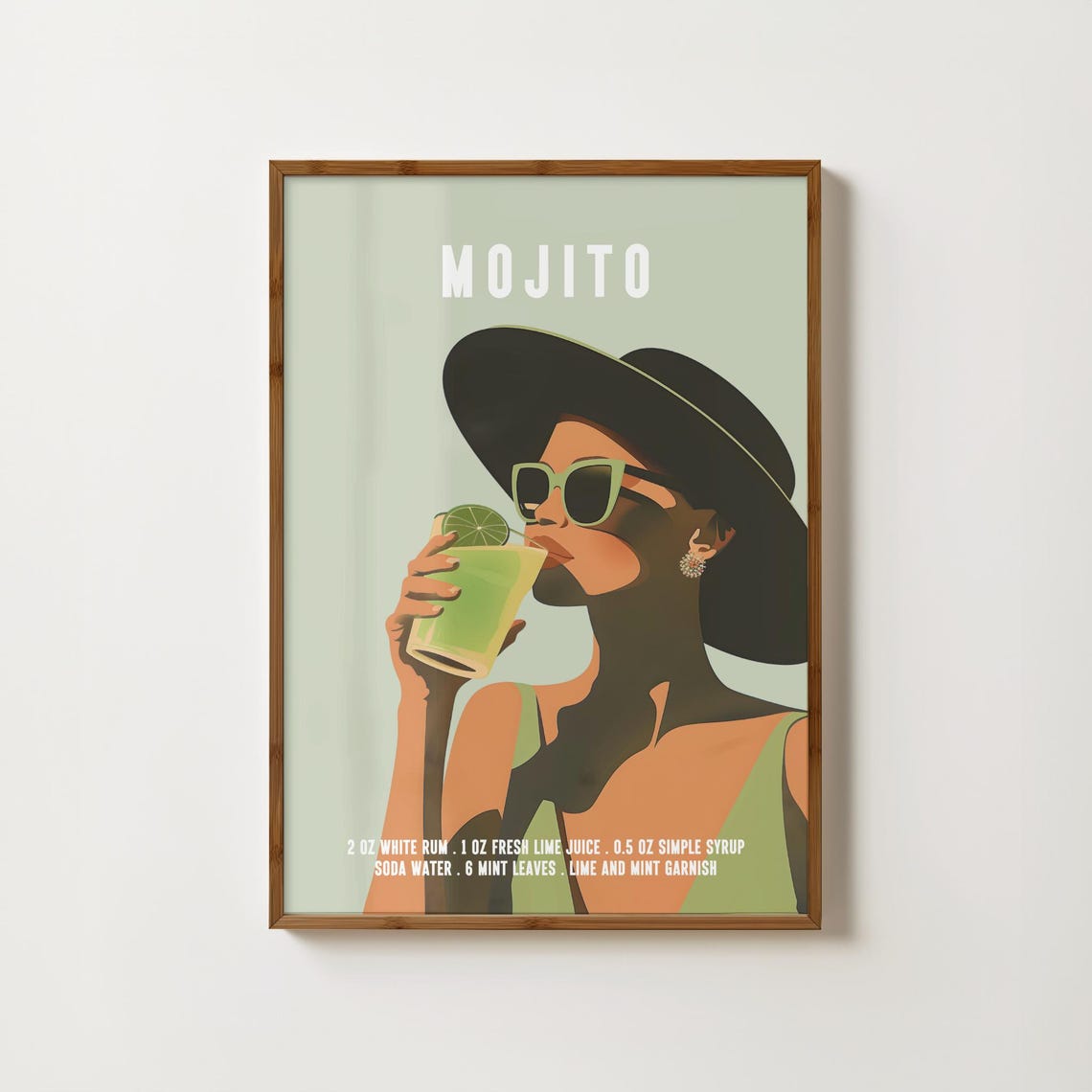 Woman In Black Hat Sipping A Mojito Retro Cocktail Recipe Poster