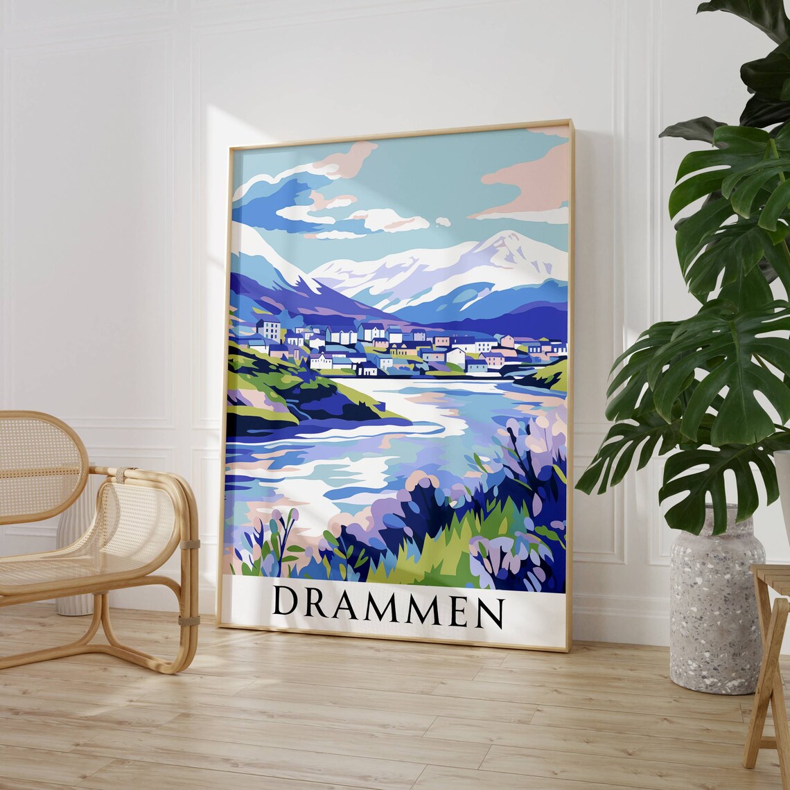 Drammen Norway Fjord Snowy Mountain City Pastel Nordic Travel Poster - Image 3