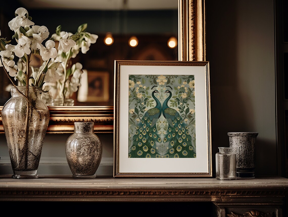 Mirrored Pair Of Peacocks Among Cream Blossoms Botanical Art Poster - Image 4