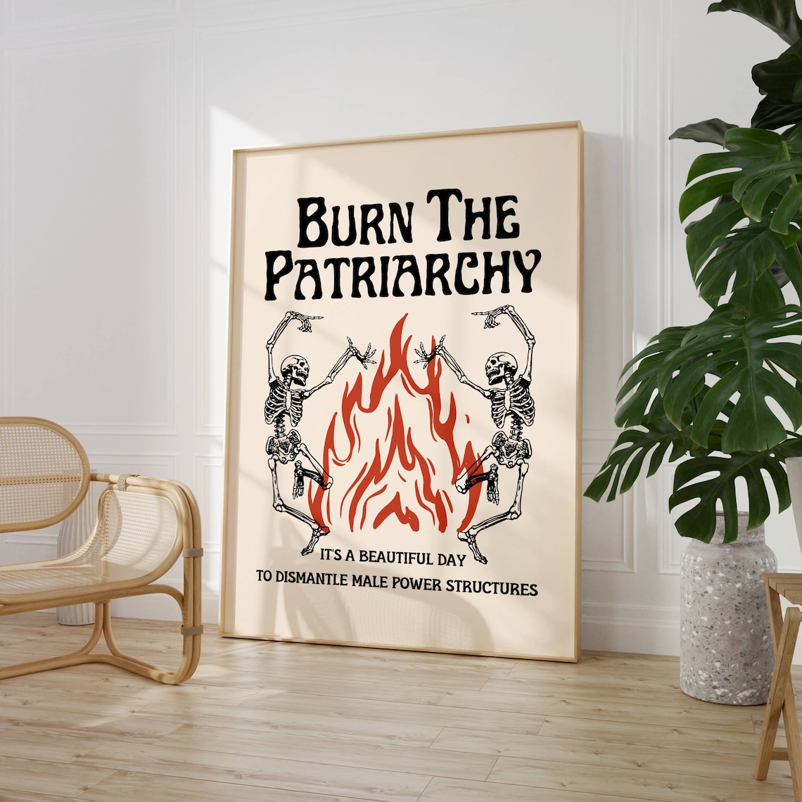 Burn The Patriarchy Cream Skeleton Fire Feminist Bold Poster - Image 3
