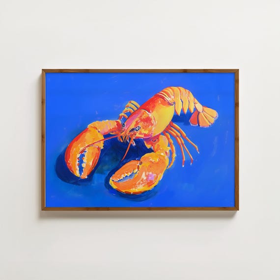 Blue Lobster Print Seafood Painting Lobster Poster Trendy Kitchen Art Colourful Food Prints Dining Room Decor Bistro Prints Lobster Art