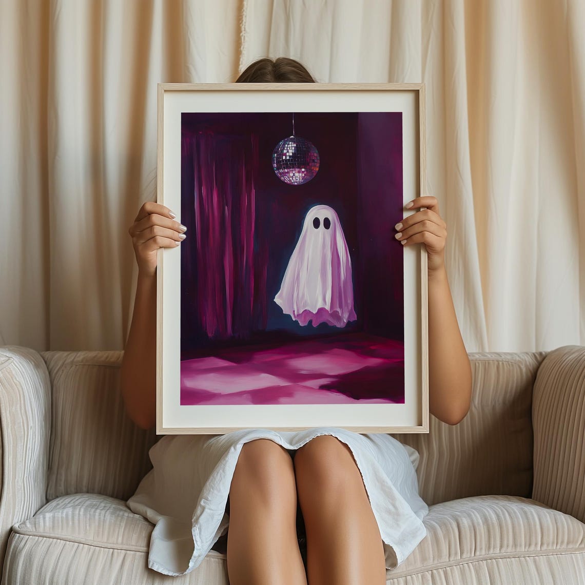 Cute Ghost Floating Under A Disco Ball In A Pink Room Halloween Poster - Image 2
