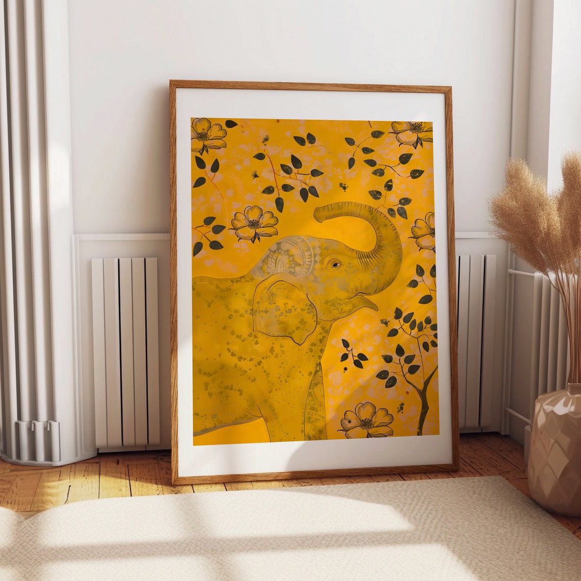 Yellow Indian Folk Elephant Mustard Botanical Wall Art Decor - Image 2