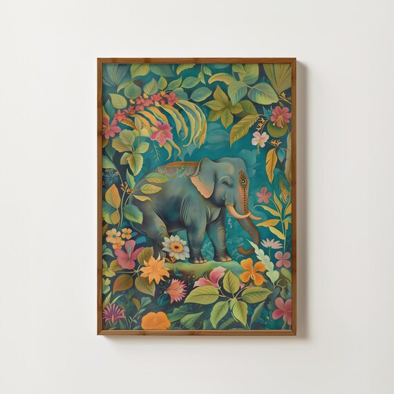 Decorated Elephant In Tropical Floral Jungle Boho Art Poster