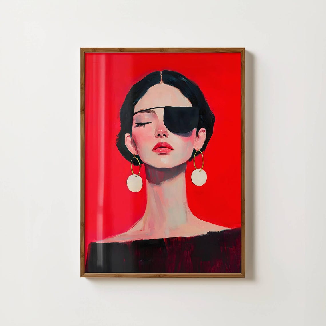 Woman With Eye Patch Womans Portrait Print Female Portrait Painting Fashion Poster Contemporary Woman Art Maximalist Decor Red Wall Art