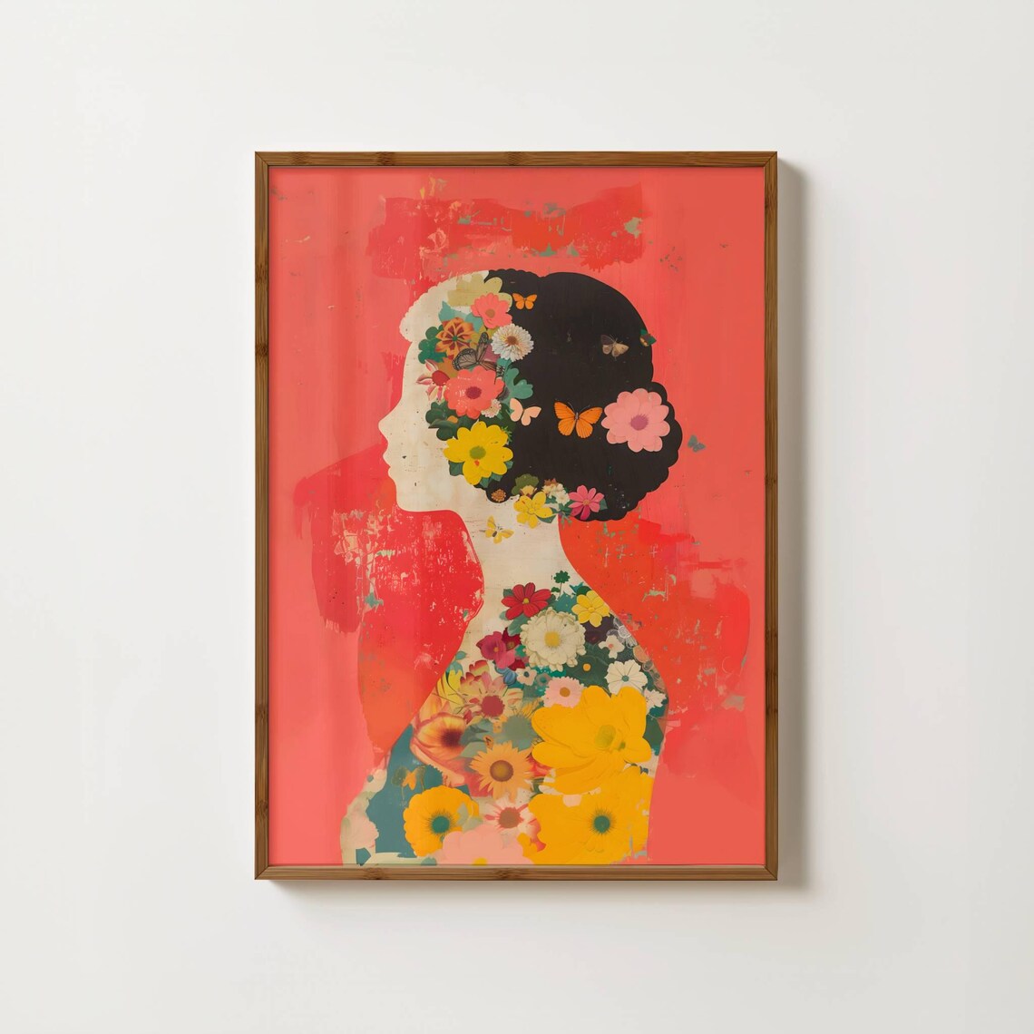 Woman Profile Collage Blooming Flowers Feminine Red Art Poster