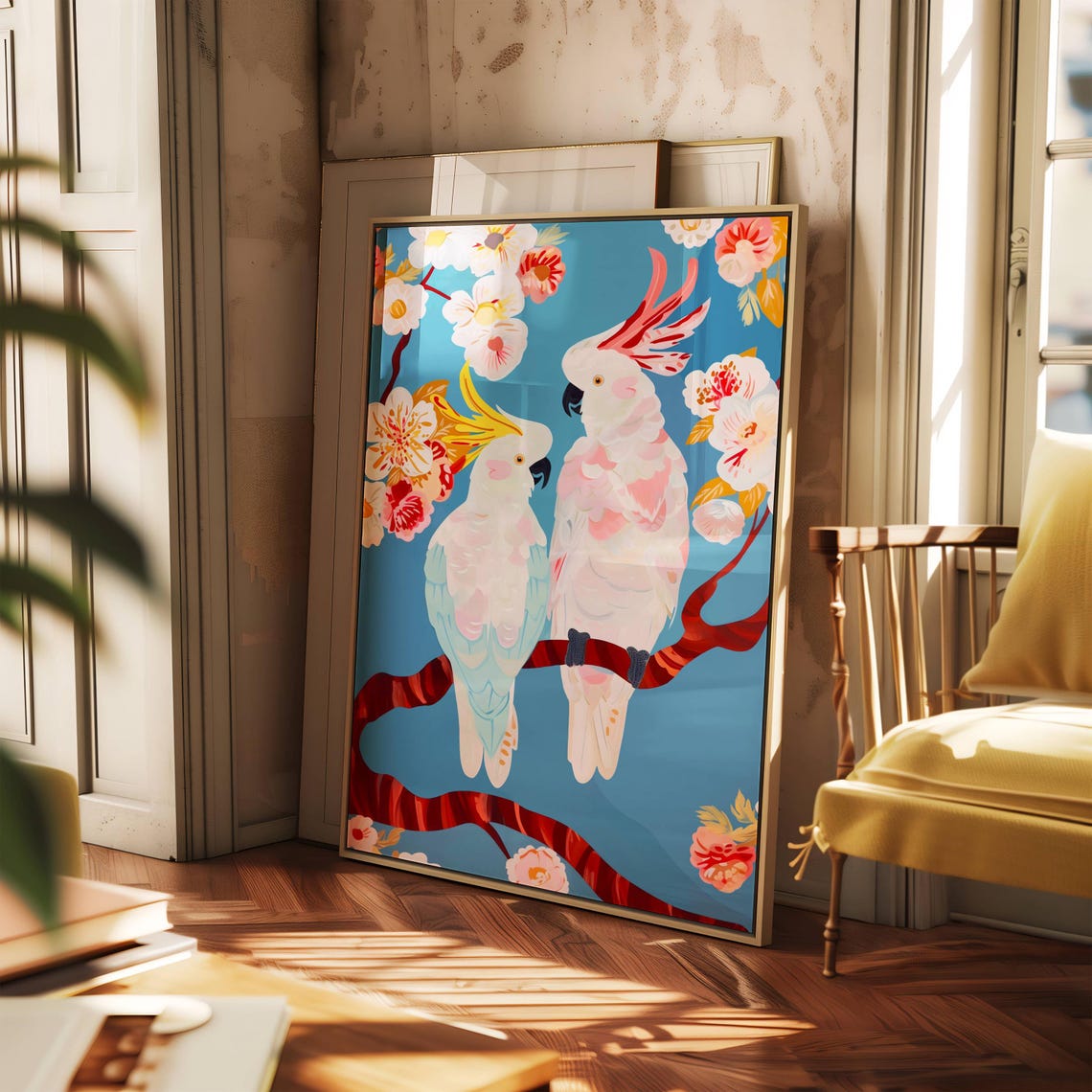 Two Cockatoos on a Red Branch Among Blossoms Blue Art Poster - Image 2