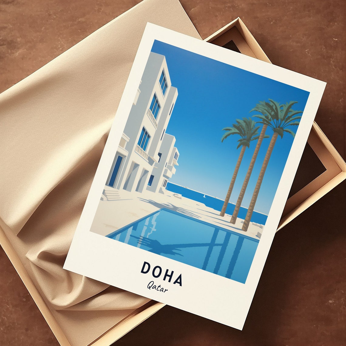 Doha Pool Palms Modern White Waterfront Serene Qatar Travel Poster - Image 3