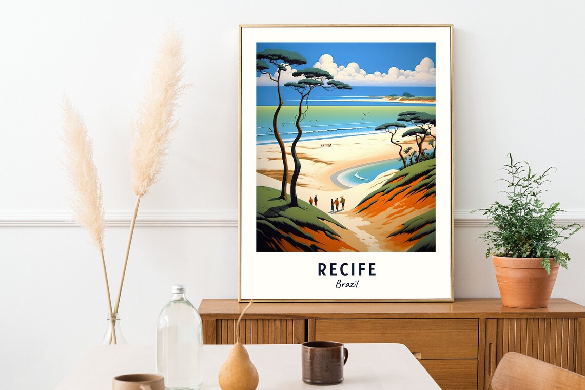 Recife Brazil Sandy Beach Palms And Walkers Tropical Coast Travel Poster - Image 2