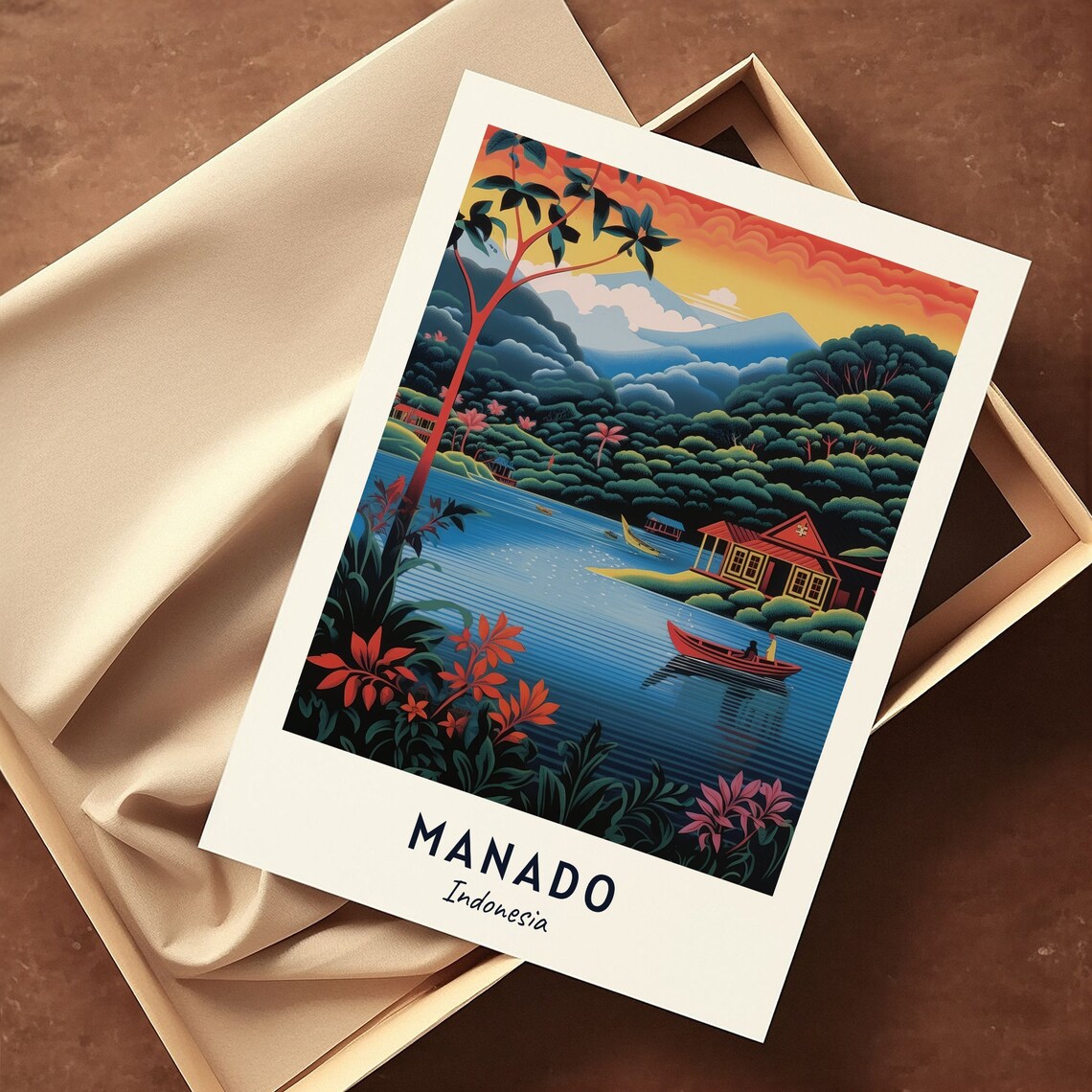 Bunaken Manado Indonesia Tropical Lagoon With Red Canoes Poster - Image 3