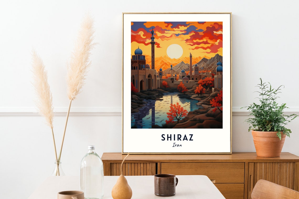 Shiraz Iran Sunset Minarets Mountains Lake Reflection Poster - Image 2