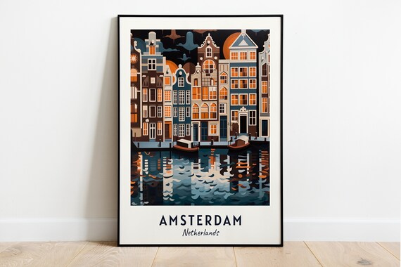 Amsterdam Canal Houses Night Water Reflection Boats Travel Poster