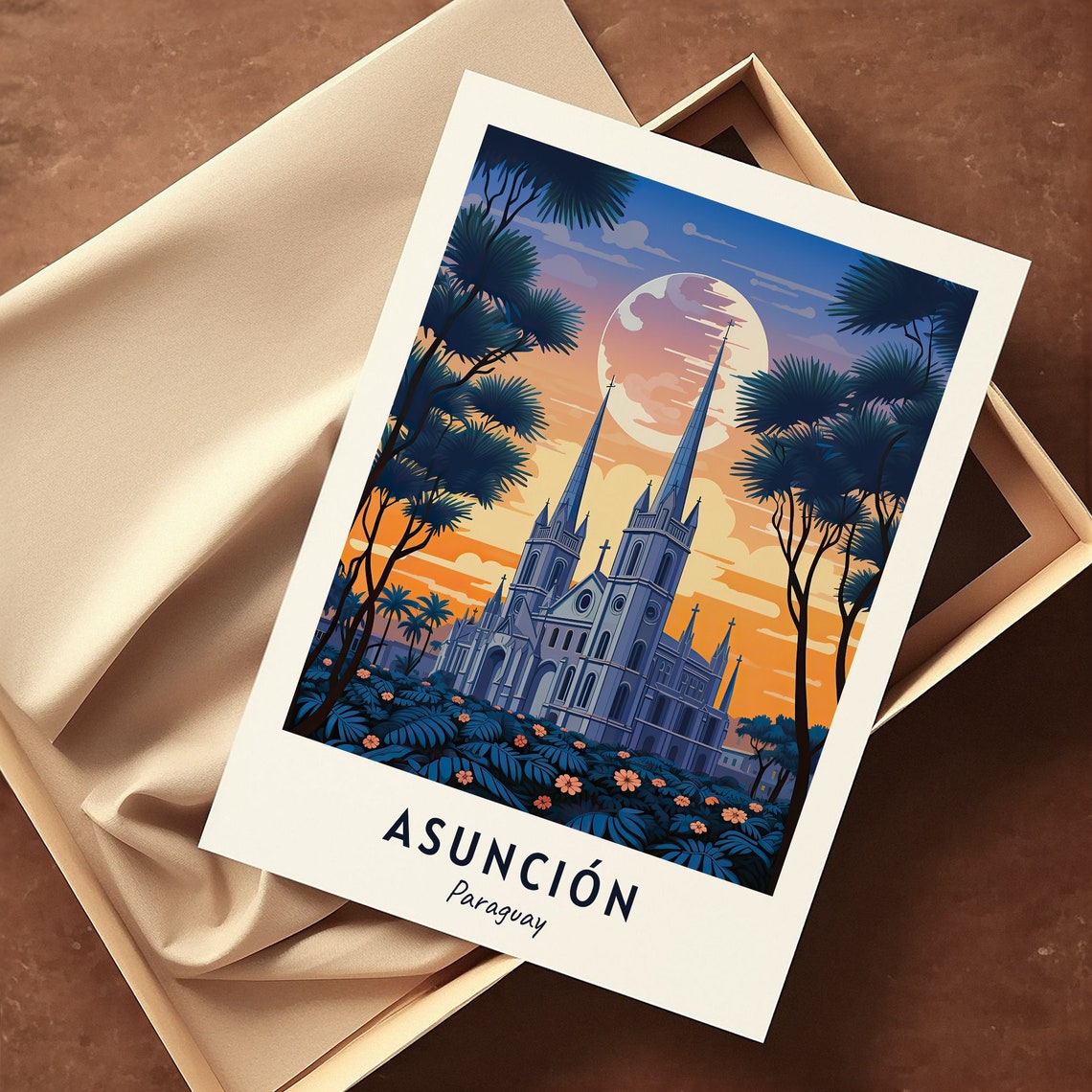 Asuncion Paraguay Sunset Cathedral Palm Garden Evening Poster - Image 3