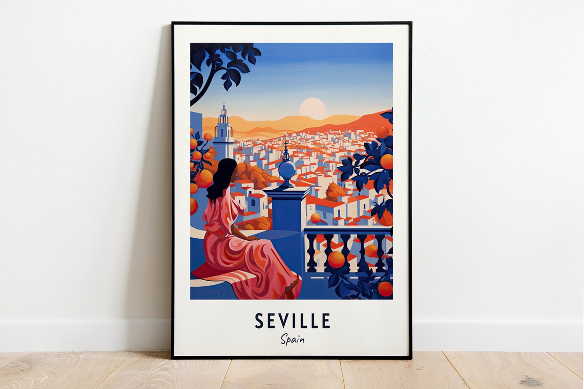 Seville Spain Balcony Overlooking Orange Sunset City Travel Poster