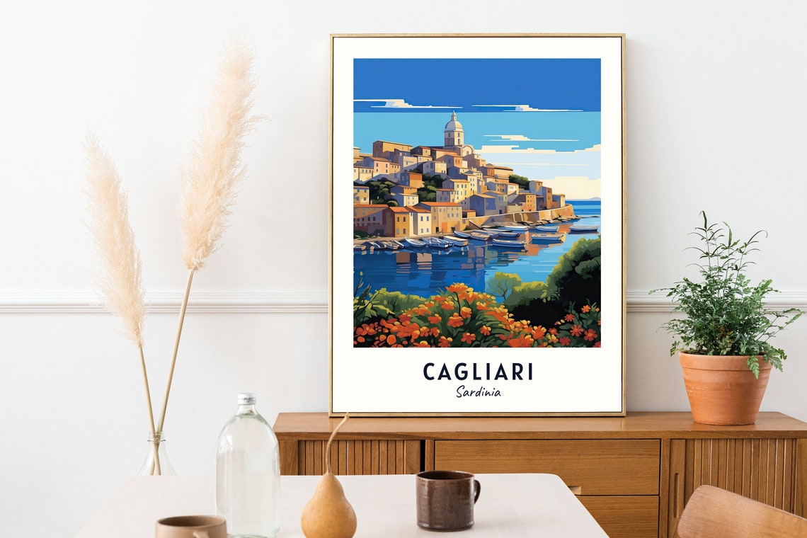 Cagliari Sardinia Old Town Harbor Dome Flowers View Travel Poster - Image 2