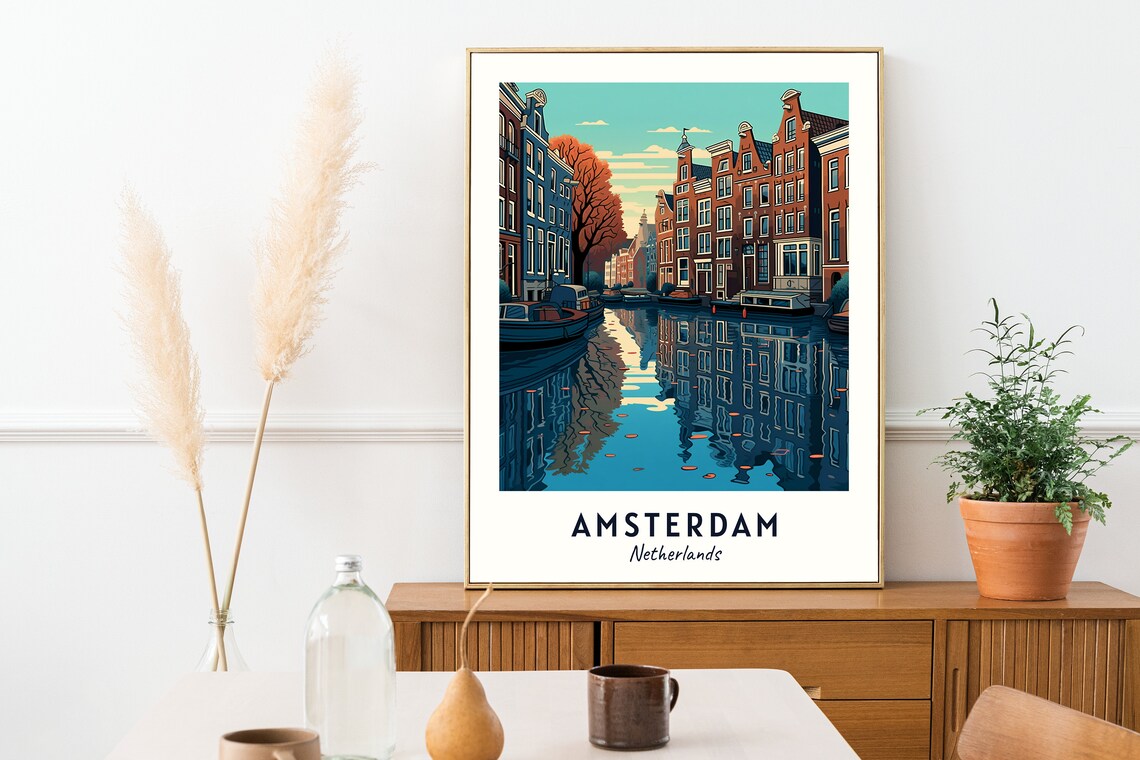 Amsterdam Netherlands Canal Houseboats Autumn Reflections Travel Poster - Image 2