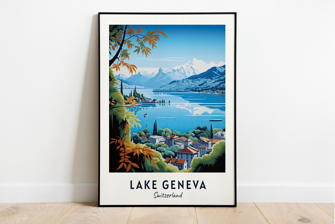 Lake Geneva Switzerland Mountain Lake Vineyard View Travel Poster
