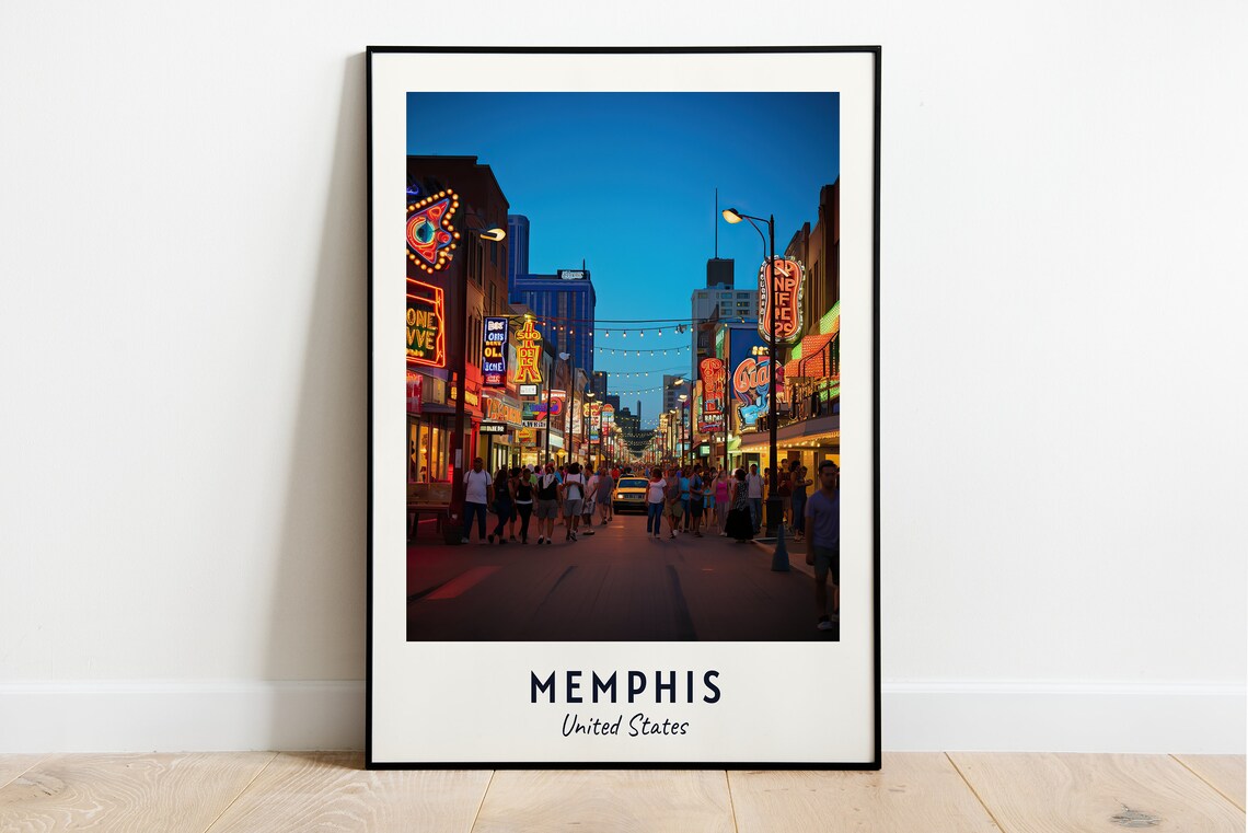 Memphis Tennessee Night Neon Street Music District Travel Poster