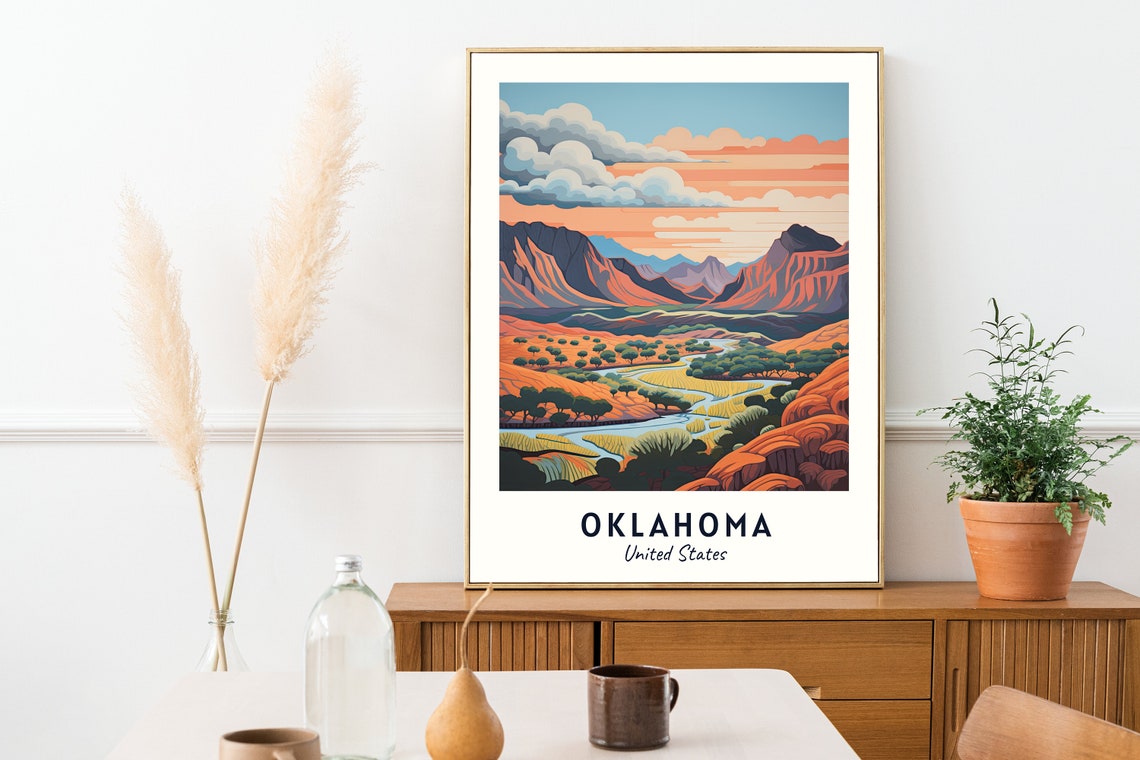 Oklahoma United States Red Mesa Desert River Sunset Scene Poster - Image 2