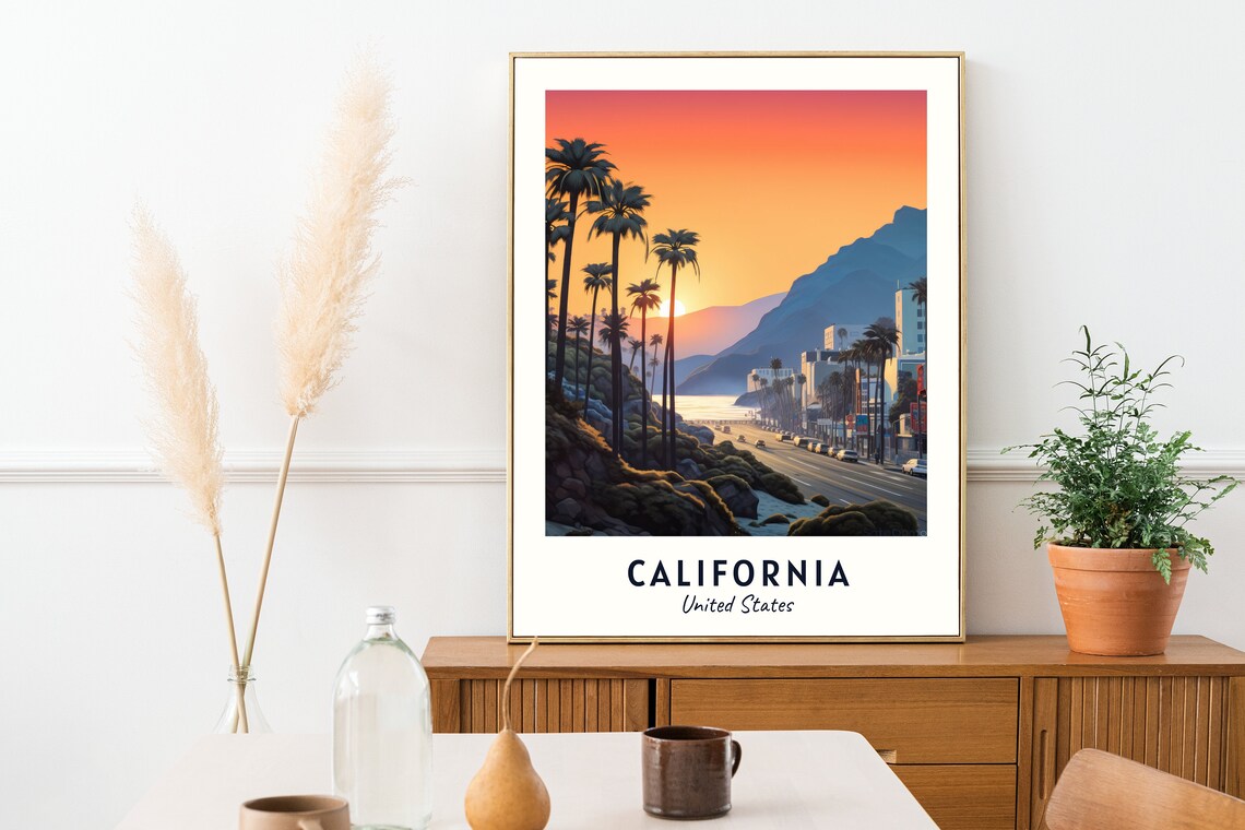 California United States Palm Lined Coastal Highway Sunset Poster - Image 2
