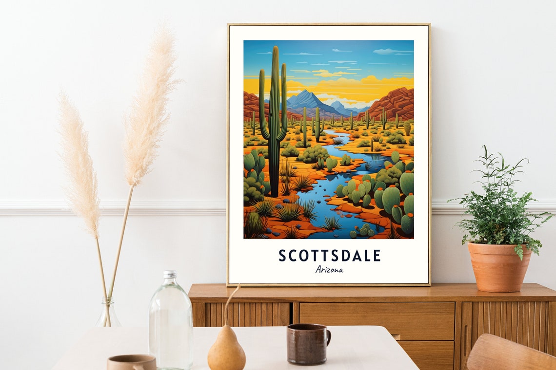 Scottsdale Arizona Desert Saguaro Cacti Mountain River Travel Poster - Image 2