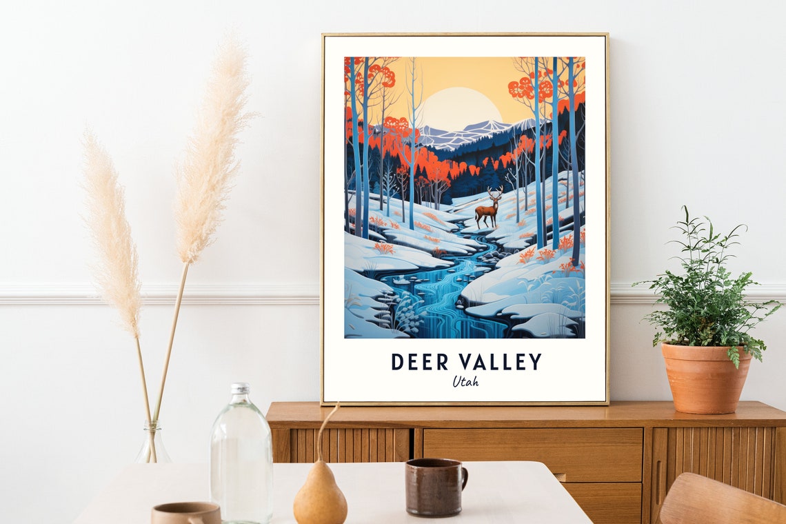 Deer Valley Utah Stag By A Snowy Stream In Red Aspens Poster - Image 2