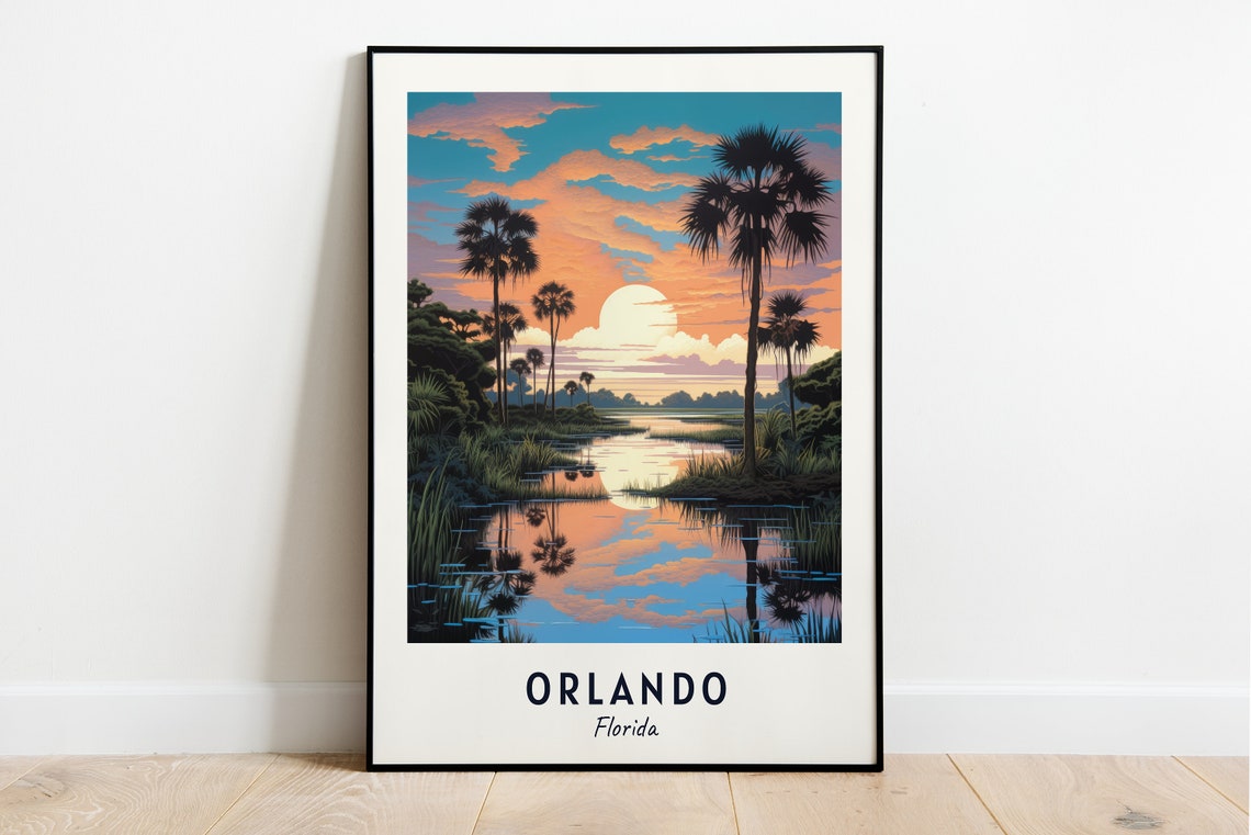 Orlando Florida Sunset Palm Wetland Minimalist Travel Poster