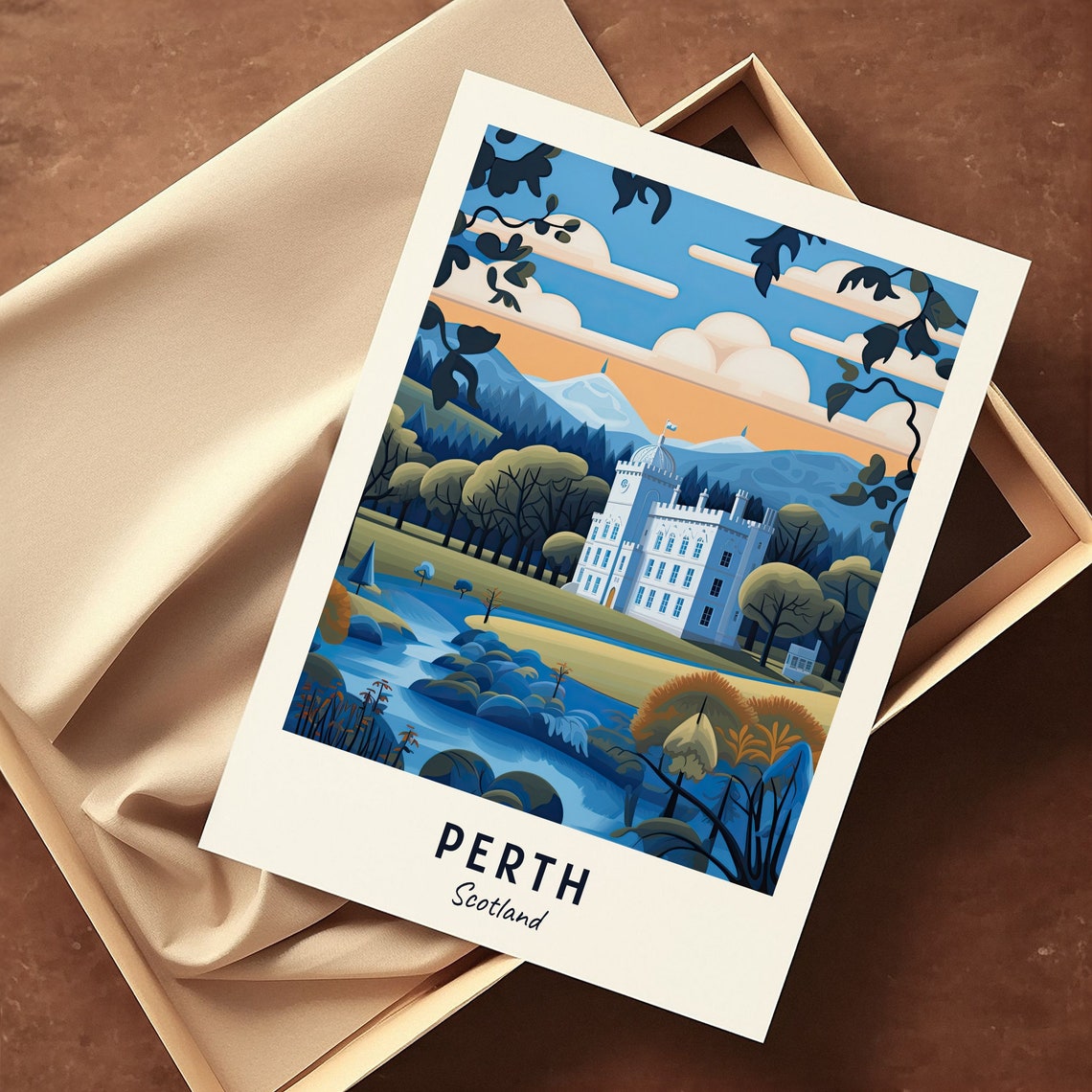 Perth Scotland Castle Palace Twilight Lake Illustrated Travel Poster - Image 3