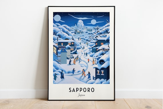 Snowy Winter Night Village with Glowing Lights Sapporo Japan Poster