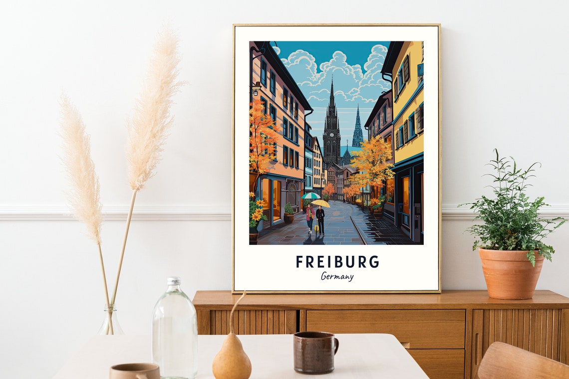 Freiburg Germany Gothic Minster Autumn Cobblestone Street Poster - Image 2