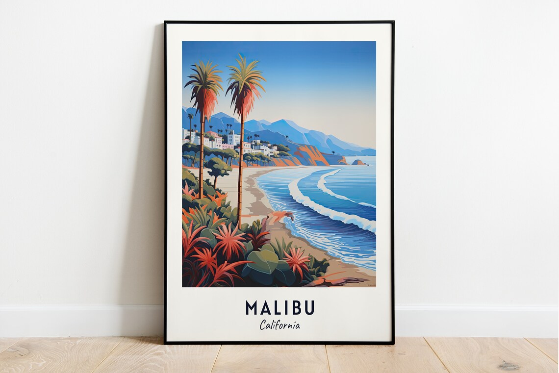 Malibu California Beach Palm Trees Cove Ocean Surf Travel Poster