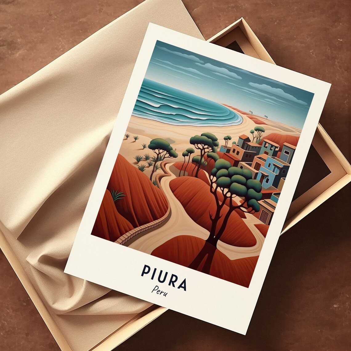 Piura Peru Sandy Beach Dunes And Village On The Coast Travel Poster - Image 3