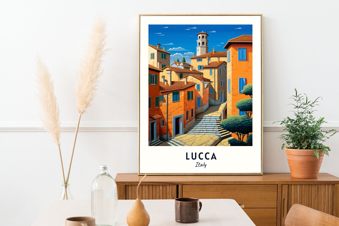 Lucca Italy Old Town Bell Tower Alley Terracotta Travel Poster - Image 2
