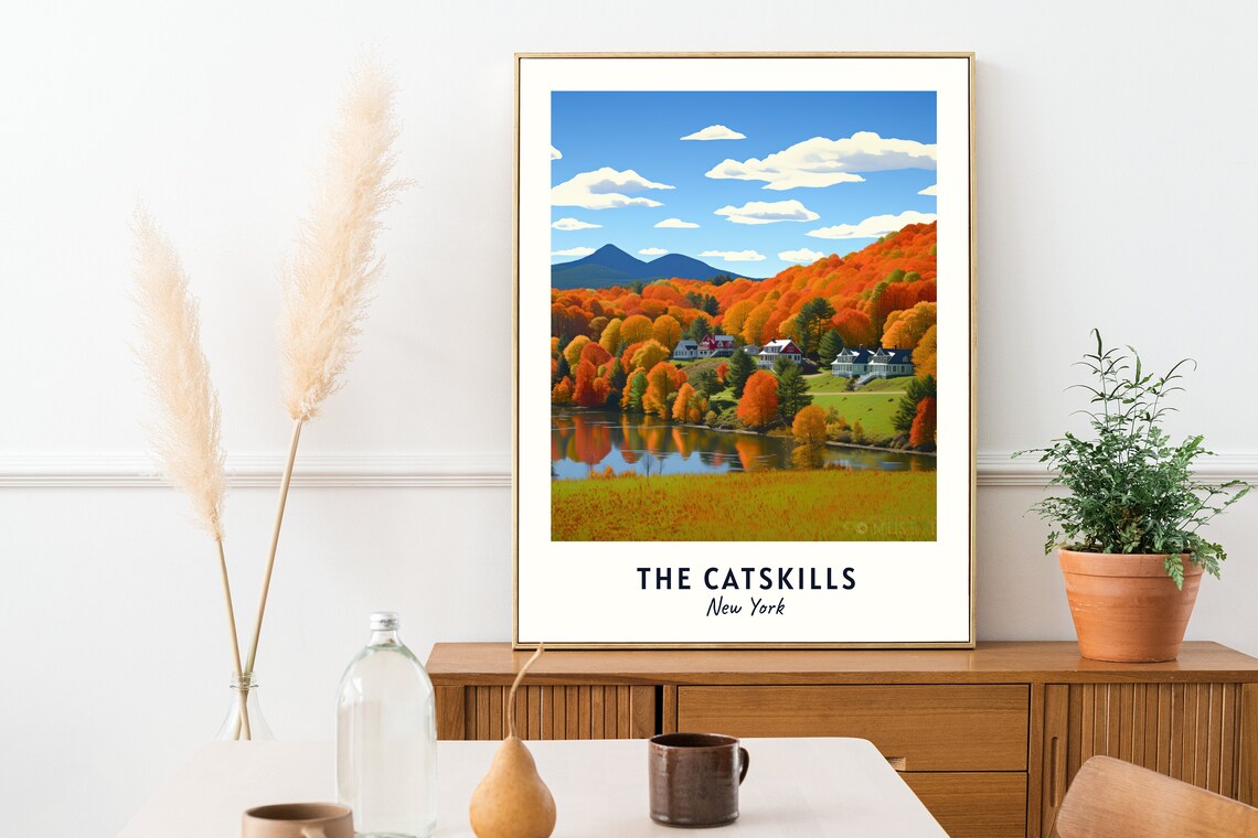 The Catskills New York Autumn Foliage Lake Village Art Poster - Image 2