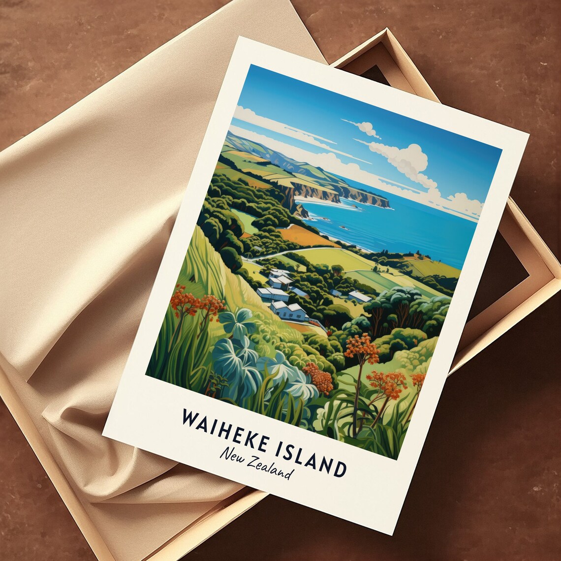 Waiheke Island New Zealand Coastal Farmland Sea View Travel Poster - Image 3