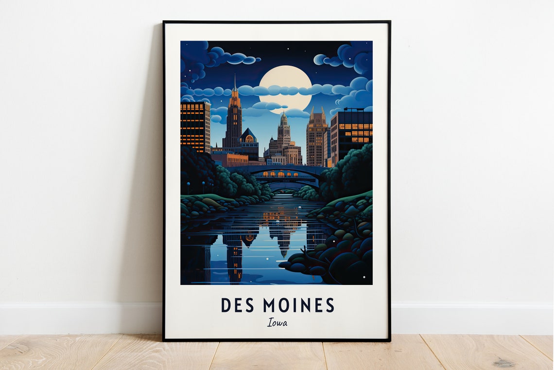 Des Moines Iowa Night Skyline Full Moon River Reflection Travel Poster