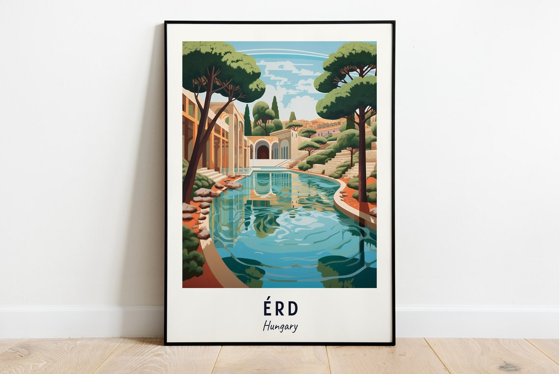 Érd Hungary Thermal Bath Pool Garden Illustrated Travel Poster