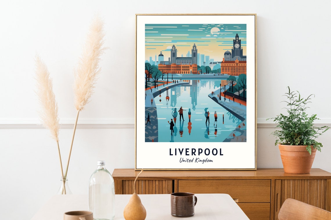 Liverpool Waterfront Skyline Winter Skating Rink Scene Travel Poster - Image 2