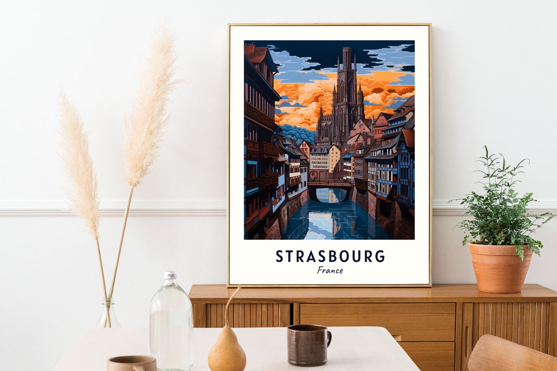 Strasbourg France Sunset Cathedral Canal Reflection Art Travel Poster - Image 2