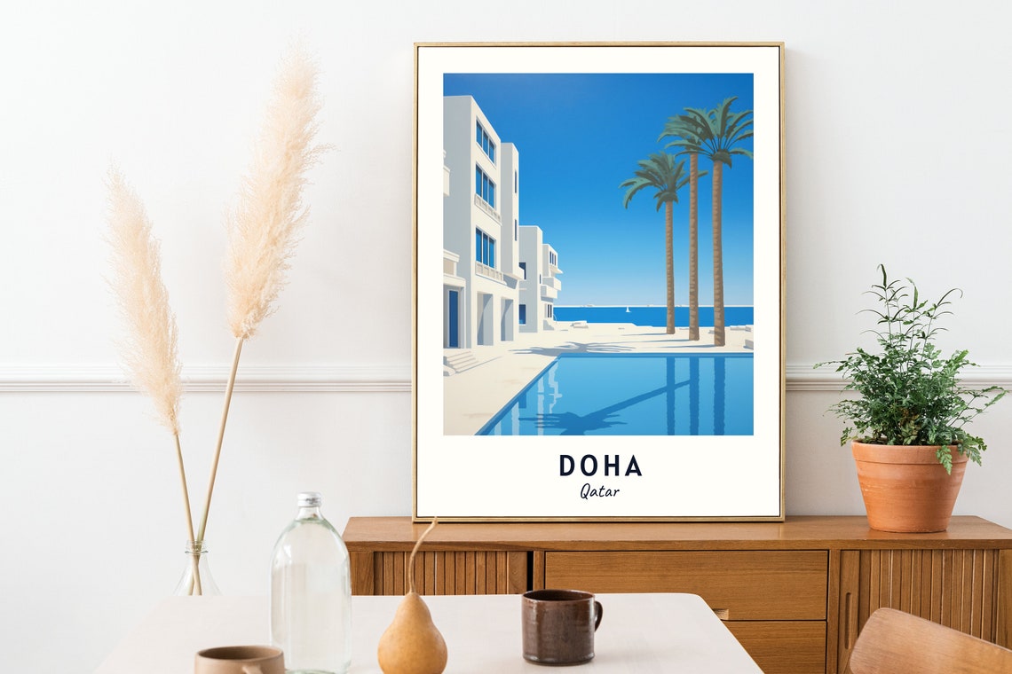 Doha Pool Palms Modern White Waterfront Serene Qatar Travel Poster - Image 2