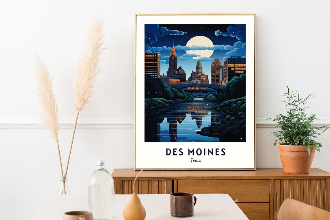 Des Moines Iowa Night Skyline Full Moon River Reflection Travel Poster - Image 2