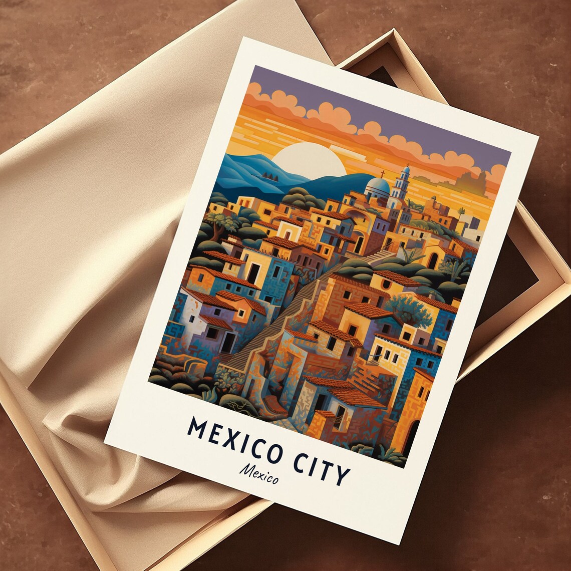 Mexico City Mexico Hillside Old Town Sunset Mountains Travel Poster - Image 3