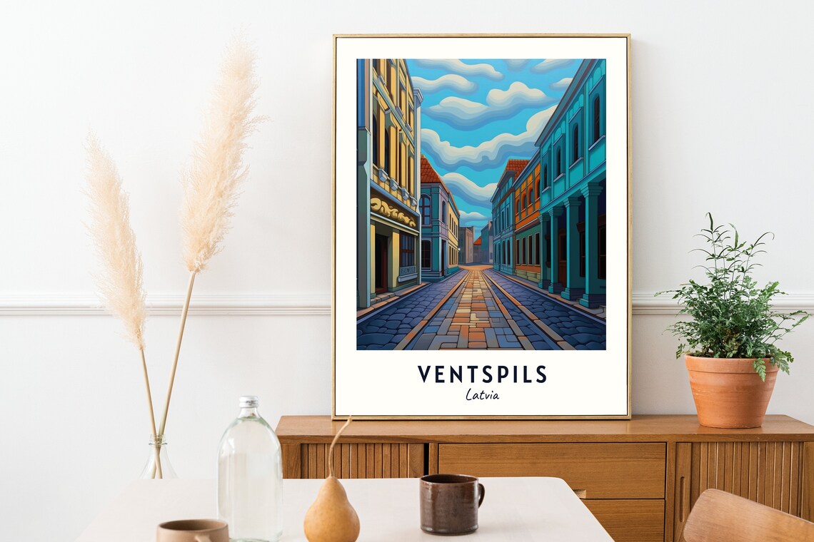 Ventspils Latvia Old Town Cobbled Street Colorful Buildings Travel Poster - Image 2