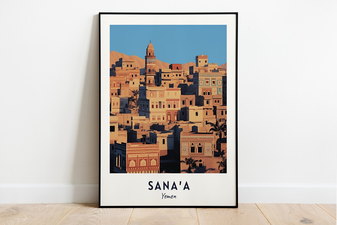 Sanaa Ancient Old City Towers Glowing at Sunset Yemen Travel Poster